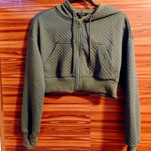 Army green cropped zip up hoodie